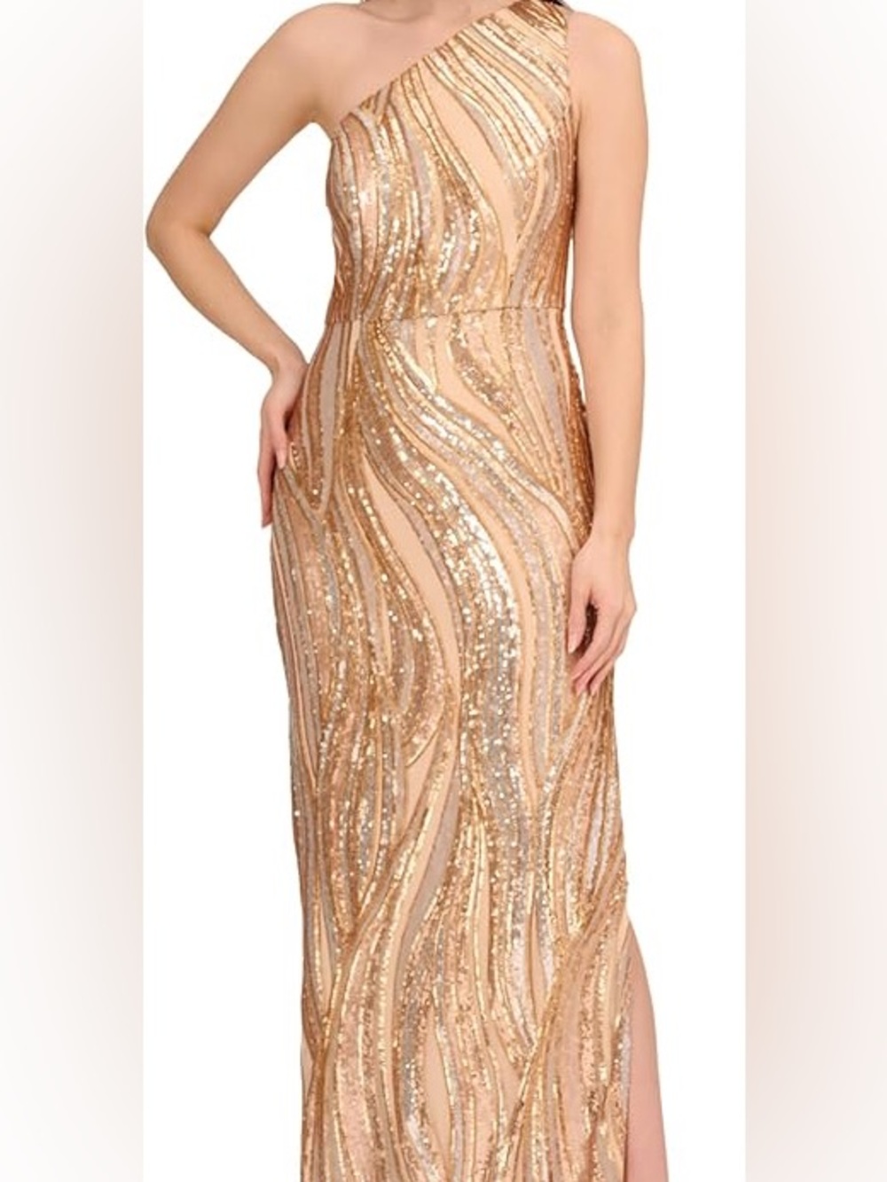 Adrianna Papell Sequin One Shoulder Maxi Gown Beige Size 4 Formal Wedding Guest